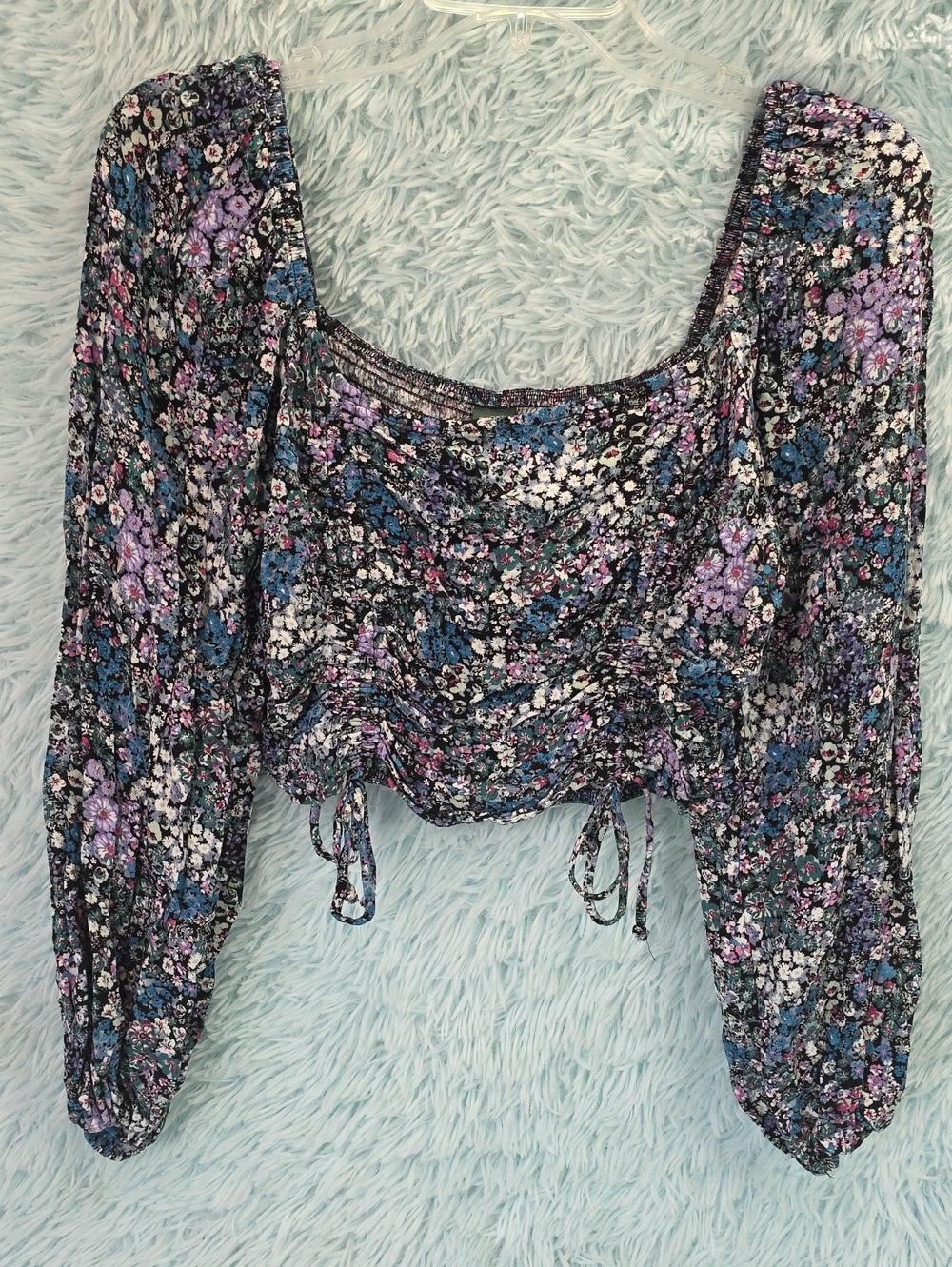Wild Fable Black Floral Bishop Sleeve Cropped Cinch Front Top Jr M